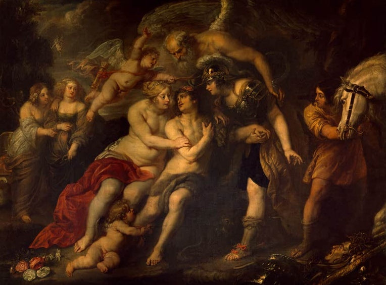 Peter Paul Rubens Herkules am Scheidewege Kunstkopie, junger Held zwischen nackter Frau mit Amor und gerüsteter Gestalt