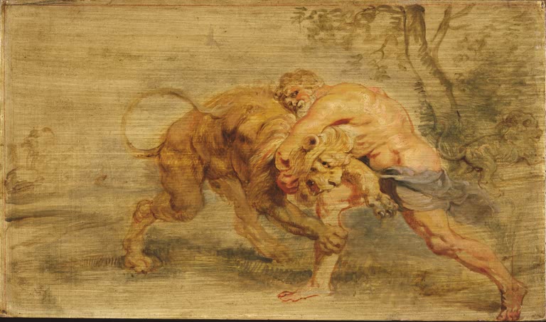 Peter Paul Rubens Herkules erwürgt den Nemeischen Löwen Kunstkopie, Ölskizze eines bärtigen Helden im Ringkampf mit dem Löwen