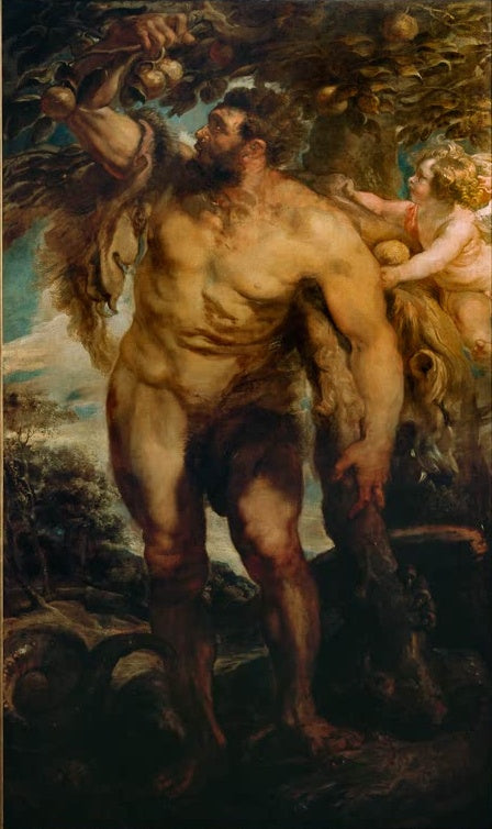 Peter Paul Rubens Herkules im Garten der Hesperiden Kunstkopie, kräftiger Held pflückt goldene Äpfel, Putto am Baum