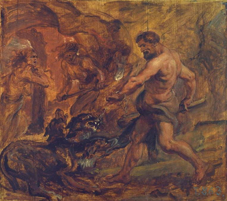 Peter Paul Rubens Herkules und Kerberos, Ölskizze Kunstkopie, Herkules zerrt den dreiköpfigen Höllenhund aus dem Dunkel