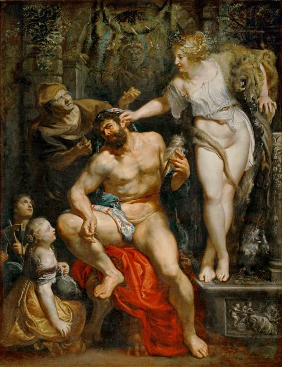 Peter Paul Rubens Herkules und Omphale Kunstkopie, Held mit Spinnrocken, Omphale mit Löwenfell, alte Frau und Kinder