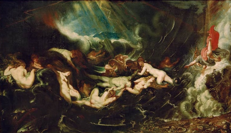 Peter Paul Rubens Hero und Leander Kunstkopie, stürmisches Meer mit Meerwesen, die Leander tragen, rechts stürzt Hero