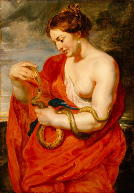Peter Paul Rubens Hygieia Göttin der Gesundheit Kunstkopie, Frau in rotem Gewand mit Schlange und Schale