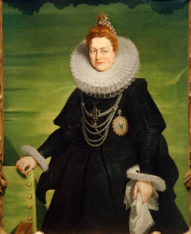 Peter Paul Rubens Infantin Isabella Clara Eugenia 1615 Kunstkopie, Frau mit Perlen, Halskrause und schwarzem Kleid