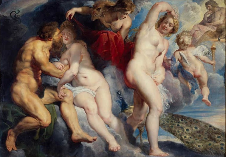 Peter Paul Rubens Ixion, von Juno getäuscht Kunstkopie, Mann umarmt Wolkengestalt, dahinter Jupiter und ein Pfau