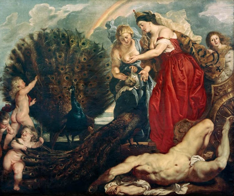 Peter Paul Rubens Juno und Argus Kunstkopie, Göttin im roten Kleid neben aufgefächertem Pfau und liegender Gestalt