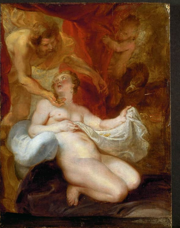 Peter Paul Rubens Jupiter und Danae Kunstkopie, Danae auf weißen Kissen vor rotem Vorhang, Putto und Adler im Hintergrund