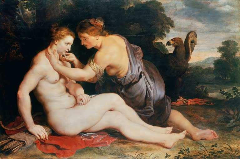 Peter Paul Rubens Jupiter und Kallisto Kunstkopie, zwei Frauen im Wald, ein Adler und ein roter Umhang im Vordergrund