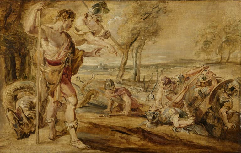 Peter Paul Rubens Kadmos sät die Drachenzähne Kunstkopie, Held mit Stab, Athene und kämpfende Krieger vor Drachenkopf