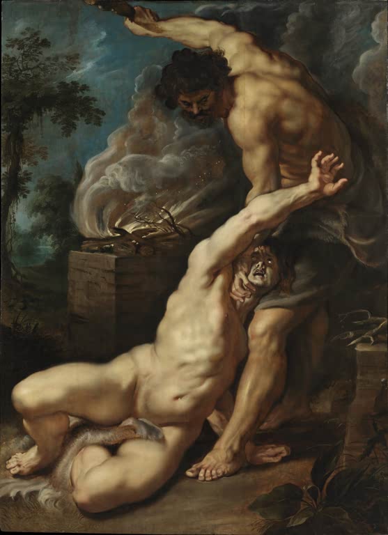 Peter Paul Rubens Kain erschlägt Abel Kunstkopie, muskulöser Mann holt mit Keule aus, Bruder am Boden vor Altar mit Rauch