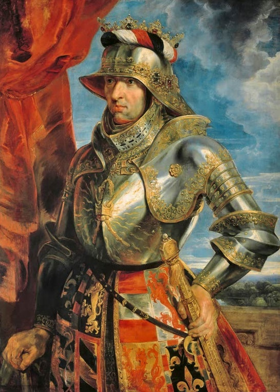 Peter Paul Rubens Kaiser Maximilian I. Kunstkopie, Herrscher in goldverzierter Rüstung und Helm vor blauem Wolkenhimmel