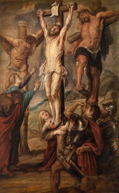 Peter Paul Rubens Kalvarienberg Kunstkopie, gekreuzigter Christus zwischen zwei Schächern mit Maria Magdalena und Soldaten