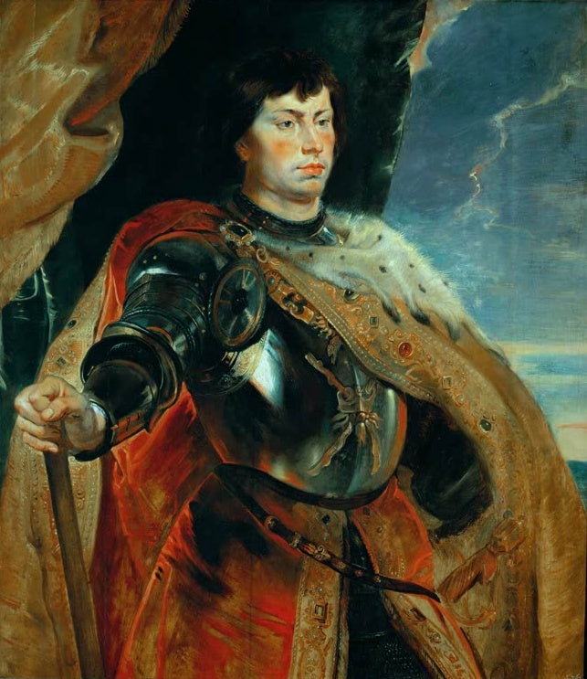 Peter Paul Rubens Karl der Kühne Kunstkopie, Herzog in dunkler Rüstung mit rotem, goldbesticktem Mantel und Hermelin