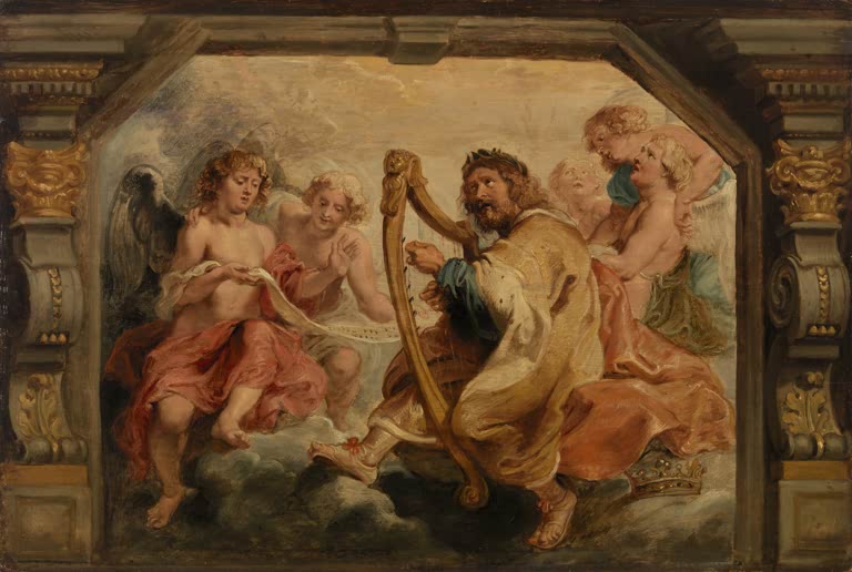 Peter Paul Rubens König David spielt die Harfe Kunstkopie, gekrönter König mit Harfe und singenden Engeln zwischen Säulen