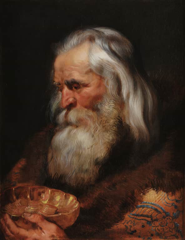 Peter Paul Rubens Kopf des ältesten der Heiligen Drei Könige Kunstkopie, weißbärtiger Mann mit einer Schale voller Goldmünzen