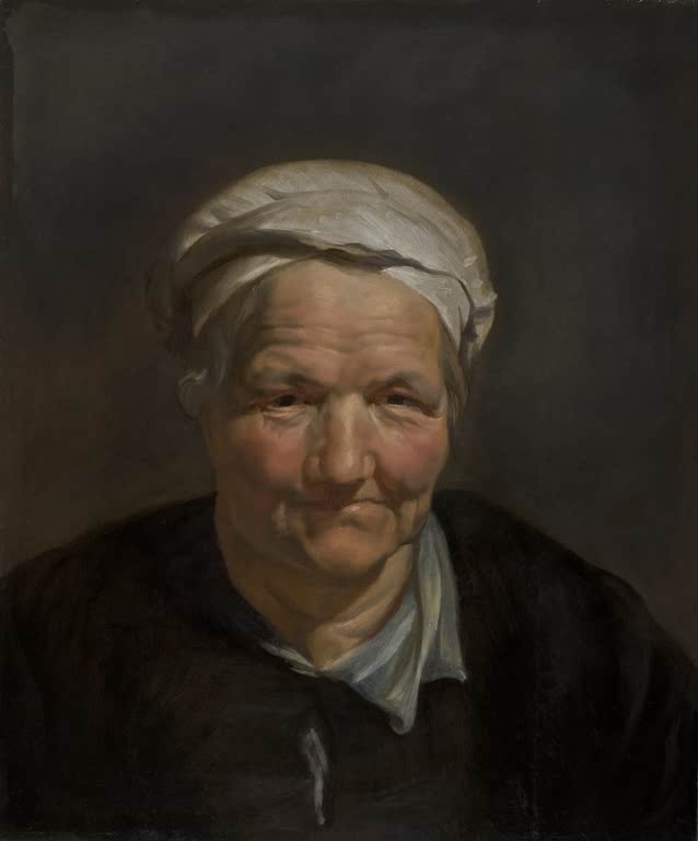 Peter Paul Rubens Kopf einer alten Frau Kunstkopie, Brustbild einer lächelnden Frau mit weißer Haube vor dunklem Grund