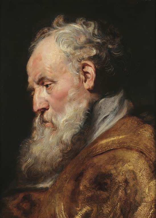 Peter Paul Rubens Kopfstudie des heiligen Ambrosius Kunstkopie, bärtiger Greis im Profil in goldenem Gewand vor dunklem Grund