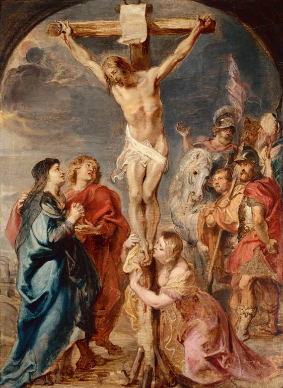 Peter Paul Rubens Kreuzigung Christi Ölskizze Kunstkopie, Gekreuzigter mit Maria, Johannes und Magdalena unter dunklem Himmel
