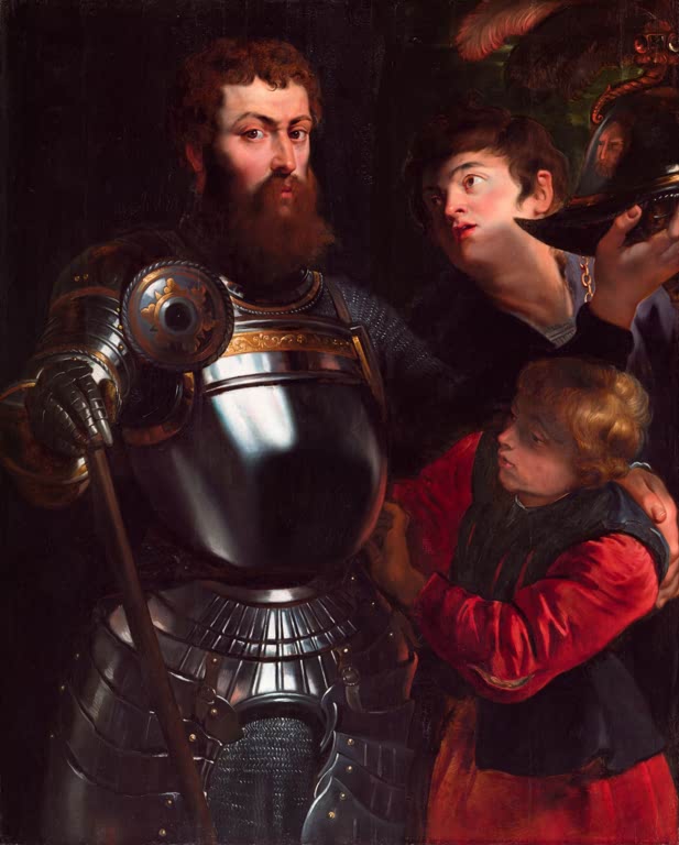 Peter Paul Rubens Krieger mit zwei Pagen Kunstkopie, Mann im blanken Harnisch mit Jungen im roten Wams