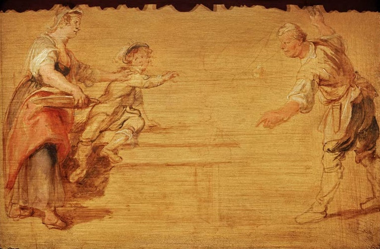 Peter Paul Rubens Küchenmagd, Koch und Knabe an einem Tisch Kunstkopie, Skizze dreier Figuren in Ocker- und Rottönen