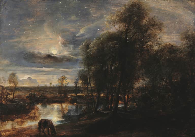 Peter Paul Rubens Landschaft bei Mondschein Kunstkopie, Vollmond über Teich, Baumgruppe und grasendes Pferd
