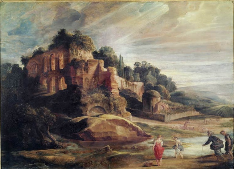 Peter Paul Rubens Landschaft mit den Ruinen des Palatin Kunstkopie, Ruinen auf Hügel, Wanderer und Bach unter Wolkenhimmel