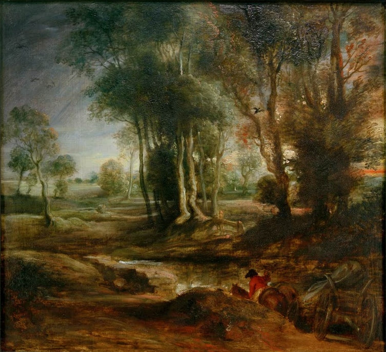 Peter Paul Rubens Landschaft mit Fuhrwerk bei Sonnenuntergang Kunstkopie, Baumgruppe, Teich und Reiter in Rot, Rotterdam
