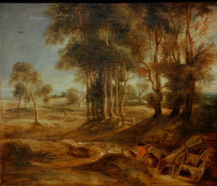 Peter Paul Rubens Landschaft mit Fuhrwerk bei Sonnenuntergang Kunstkopie, Baumgruppe im goldenen Abendlicht, Turin