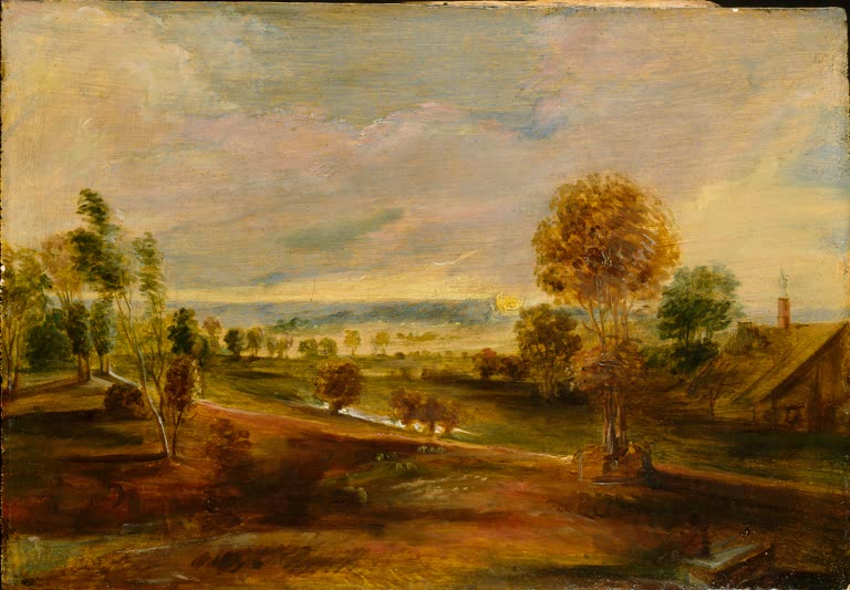 Peter Paul Rubens Landschaft mit Gehöft bei Sonnenuntergang Kunstkopie, Hügelland mit Bäumen, Weg und Hof im Abendlicht