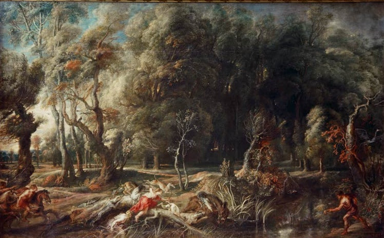 Peter Paul Rubens Landschaft mit Meleager und Atalante Kunstkopie, dichter Wald mit Jägern, Wildschwein und Teich