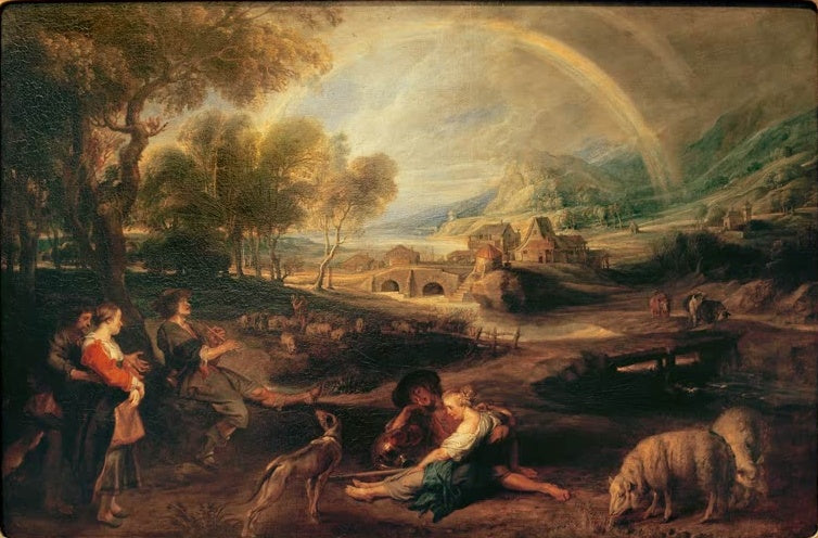 Peter Paul Rubens Landschaft mit Regenbogen Kunstkopie, Hirtenpaar mit Schafen vor Brücke, Gehöft und Bergen unter Regenbogen