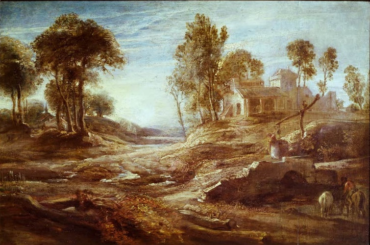 Peter Paul Rubens Landschaft mit Tränke Kunstkopie, Gehöft mit Ziehbrunnen, Brücke und Reiter unter hohen Bäumen