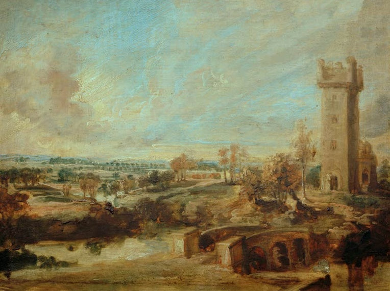 Peter Paul Rubens Landschaft mit Turm Kunstkopie, weite Landschaft mit Steinbrücke und hohem Turm unter bewegtem Himmel