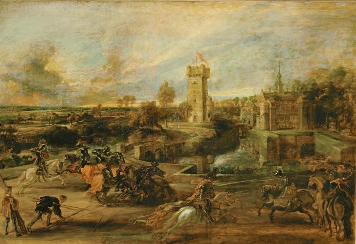 Peter Paul Rubens Landschaft mit Turnier vor der Burg von Steen Kunstkopie, Ritter zu Pferd vor Wehrturm und Schloss