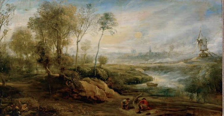 Peter Paul Rubens Landschaft mit Vogelstellern Kunstkopie, Flusslandschaft mit Windmühle und zwei Männern am Ufer