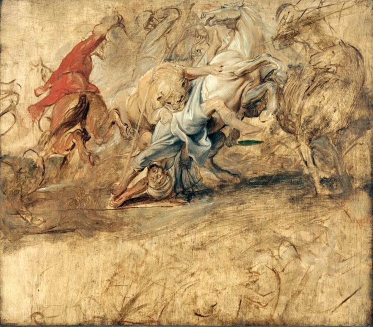 Peter Paul Rubens Löwenjagd Kunstkopie, Skizze mit Reitern, aufsteigenden Pferden und Löwen im wilden Kampf
