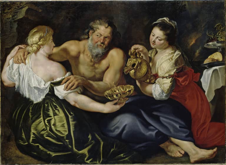 Peter Paul Rubens Lot und seine Töchter Kunstkopie, bärtiger Mann zwischen zwei Frauen mit goldenem Krug im Halbdunkel