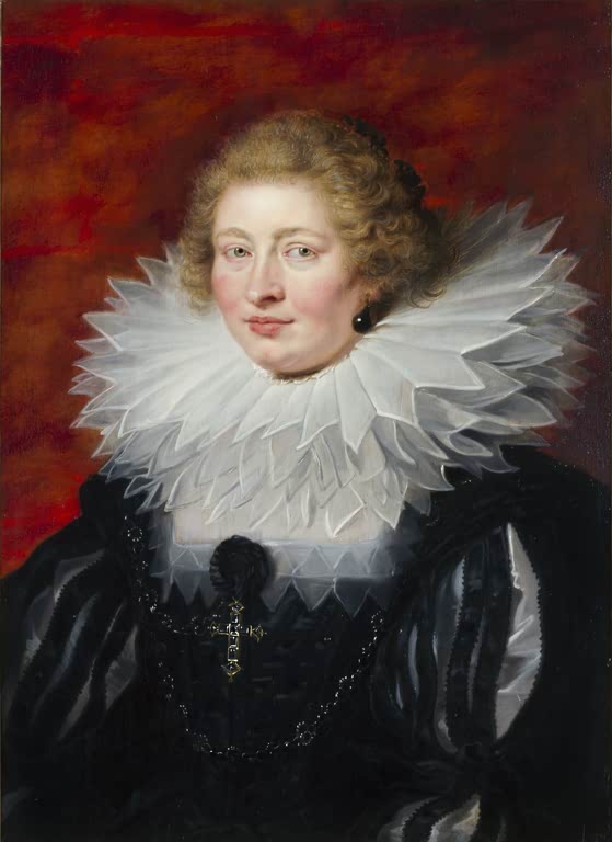 Peter Paul Rubens Madame de Vicq Kunstkopie, Frau mit gezacktem weißem Kragen und schwarzem Kleid vor rotem Grund