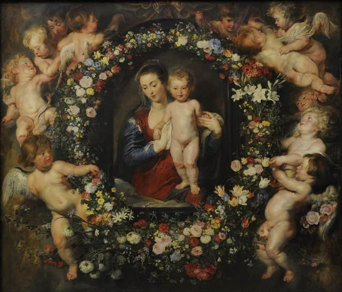 Peter Paul Rubens Madonna im Blumenkranz, München Kunstkopie, Maria mit Kind in Blumengirlande und Putten