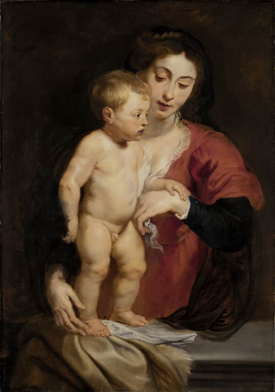 Peter Paul Rubens Madonna mit dem Kind Kunstkopie, Maria in rotem Gewand mit dem stehenden Jesuskind vor dunklem Grund