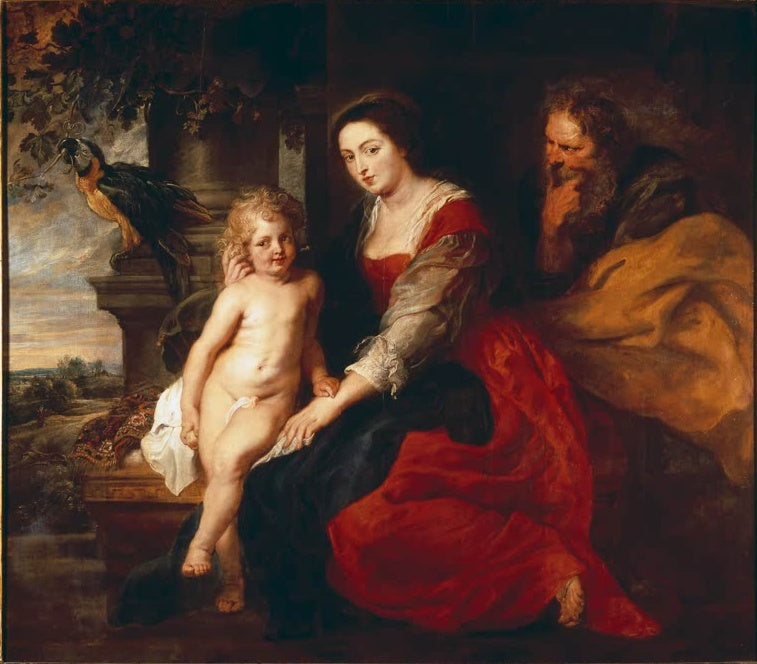 Peter Paul Rubens Madonna mit dem Papagei Kunstkopie, Maria mit Kind und Josef, bunter Papagei am Säulenstumpf