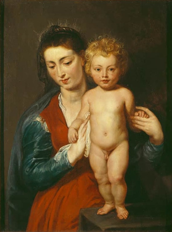 Peter Paul Rubens Madonna mit stehendem Kind Kunstkopie, Maria mit Schleier und blondgelocktes Kind auf einer Brüstung