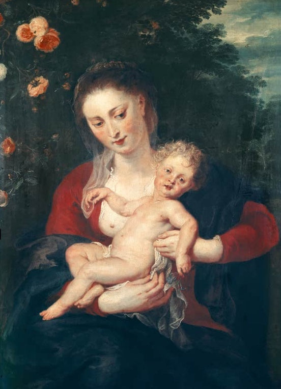 Peter Paul Rubens Madonna mit Vergissmeinnicht Kunstkopie, Maria mit Kind vor Blumenranken und Landschaft
