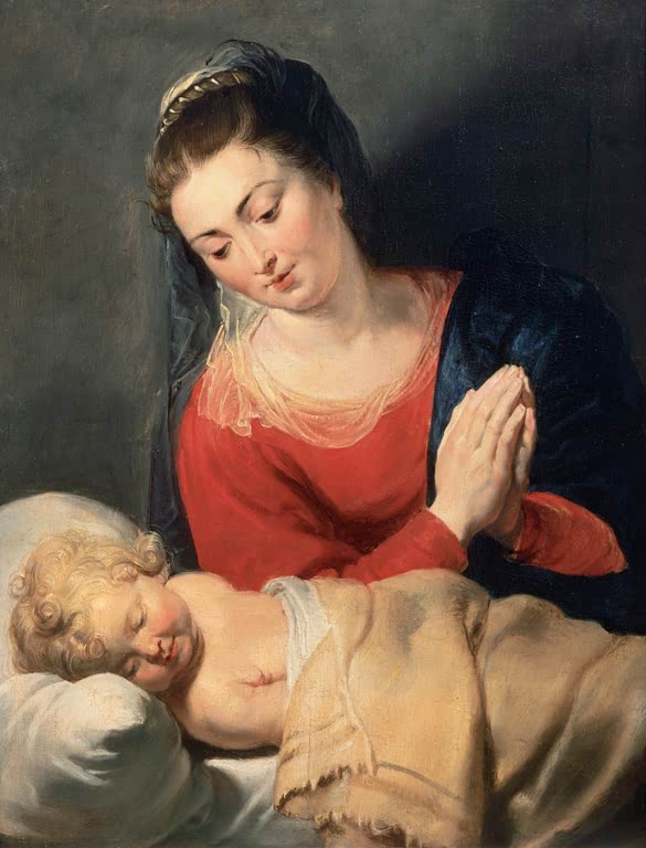 Peter Paul Rubens Maria in Anbetung vor dem schlafenden Jesusknaben Kunstkopie, betende Madonna in Rot über dem Kind