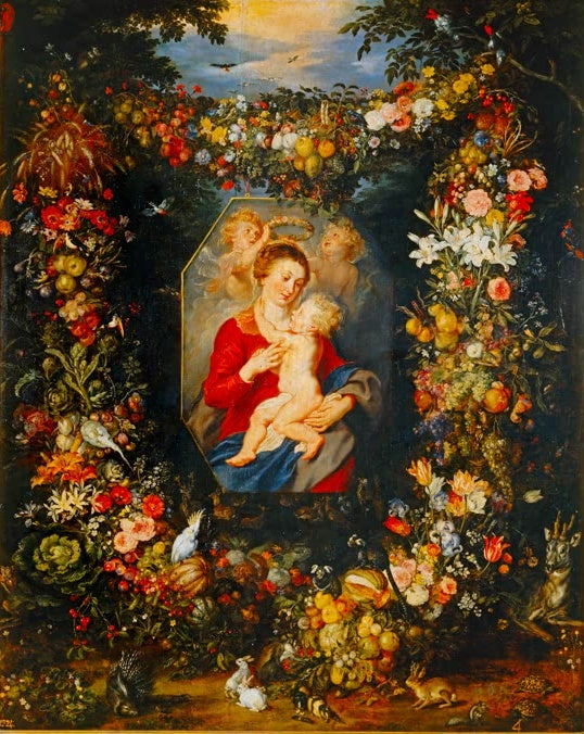 Peter Paul Rubens Maria mit Kind im Blumen- und Fruchtkranz Kunstkopie, Madonna im Oval umgeben von Blüten und Tieren