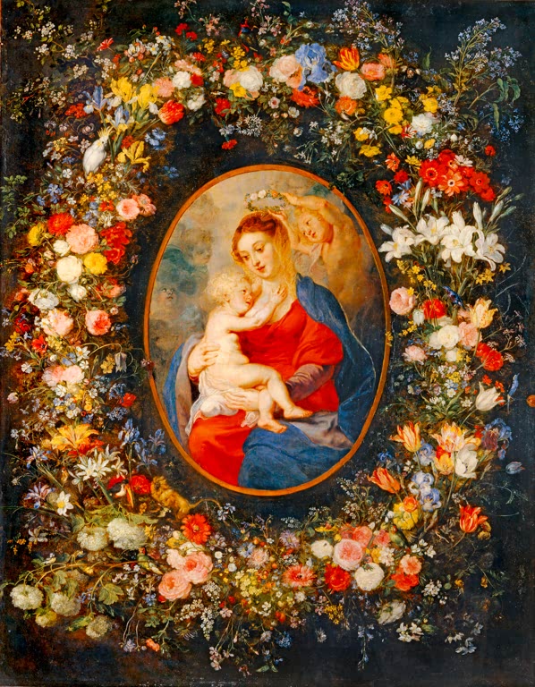Peter Paul Rubens Maria mit Kind und Engeln im Blumenkranz Kunstkopie, Madonna im Oval von bunten Blumen umrahmt