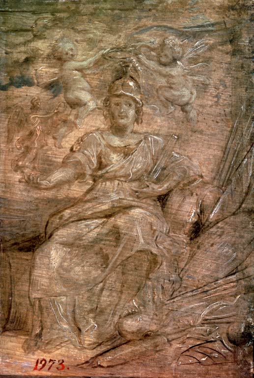 Peter Paul Rubens Maria von Medici als Pallas Athene Kunstkopie, sitzende Frau mit Helm und zwei Putten