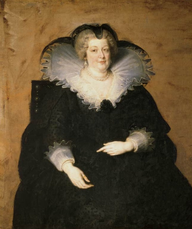 Peter Paul Rubens Maria von Medici Kunstkopie, Königin in schwarzem Kleid mit weitem Spitzenkragen vor ockerfarbenem Grund