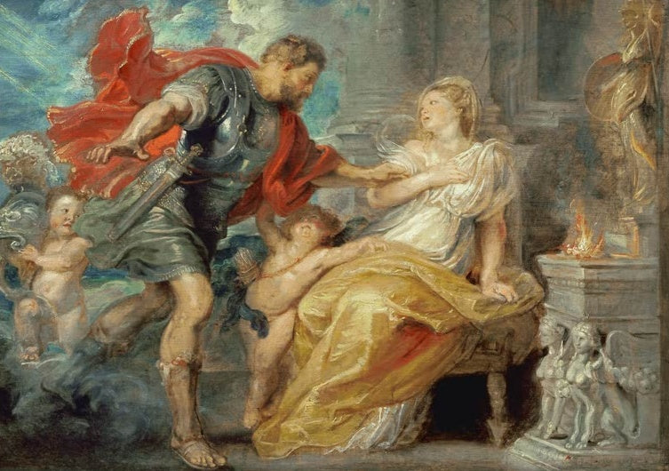 Peter Paul Rubens Mars und Rhea Silvia Kunstkopie, Kriegsgott im roten Umhang eilt zu einer Frau im gelben Gewand