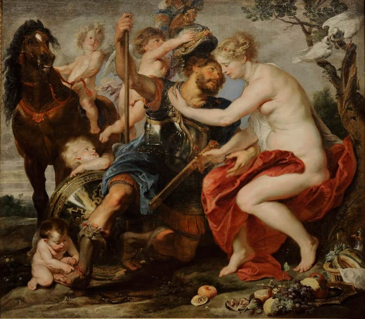 Peter Paul Rubens Mars und Venus Kunstkopie, gerüsteter Krieger in der Umarmung einer Frau mit rotem Tuch und Amoretten